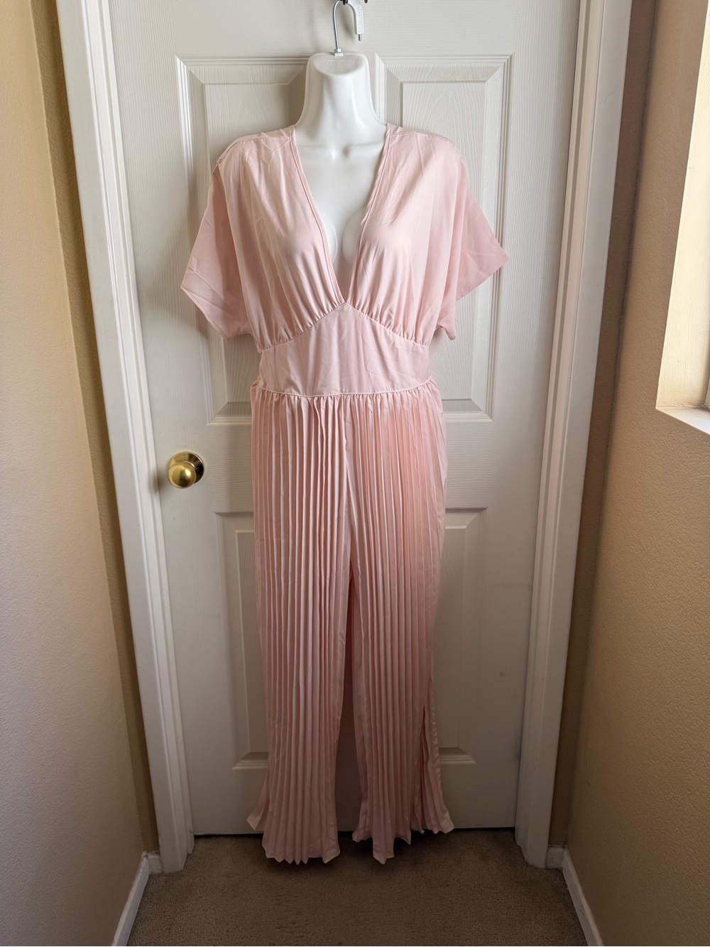 Blush Pink Pleated V-Neck Jumpsuit